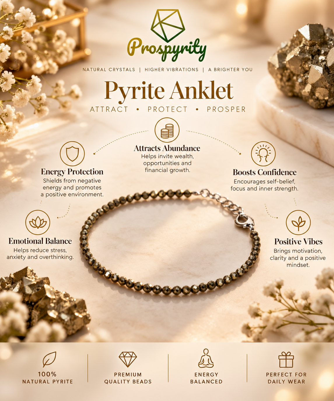 Natural Pyrite Anklet for Women | Grounding Wealth & Protection