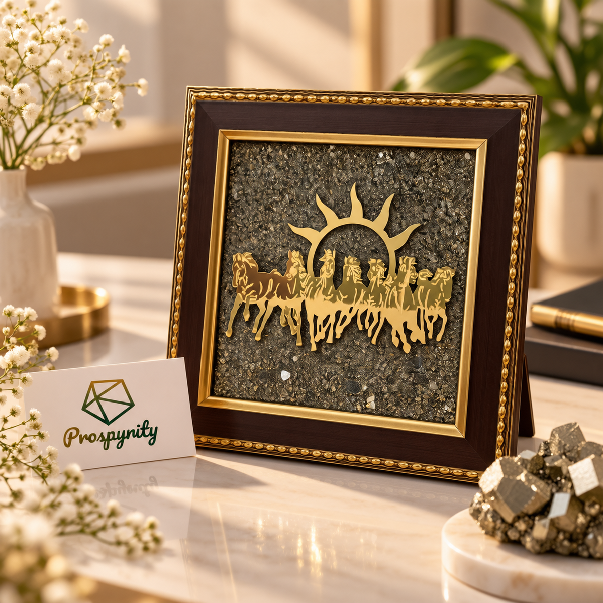 7 Running Horses of Sun on Golden Raw Pyrite Frame | Vastu Remedy for Business Growth