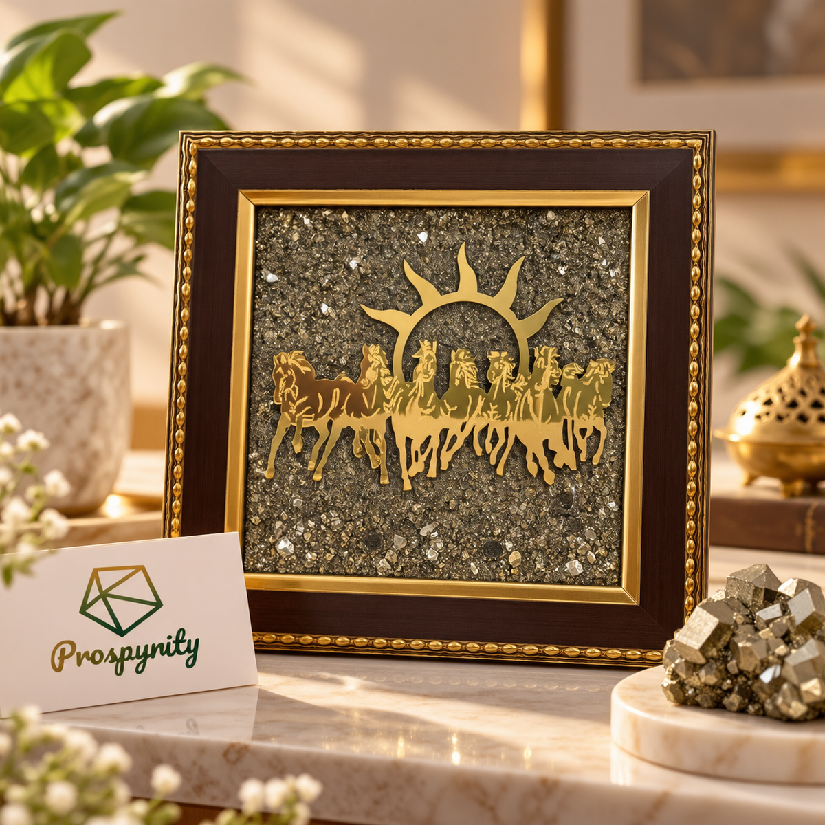 7 Running Horses of Sun on Golden Raw Pyrite Frame | Vastu Remedy for Business Growth