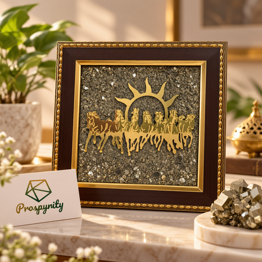7 Running Horses of Sun on Golden Raw Pyrite Frame | Vastu Remedy for Business Growth